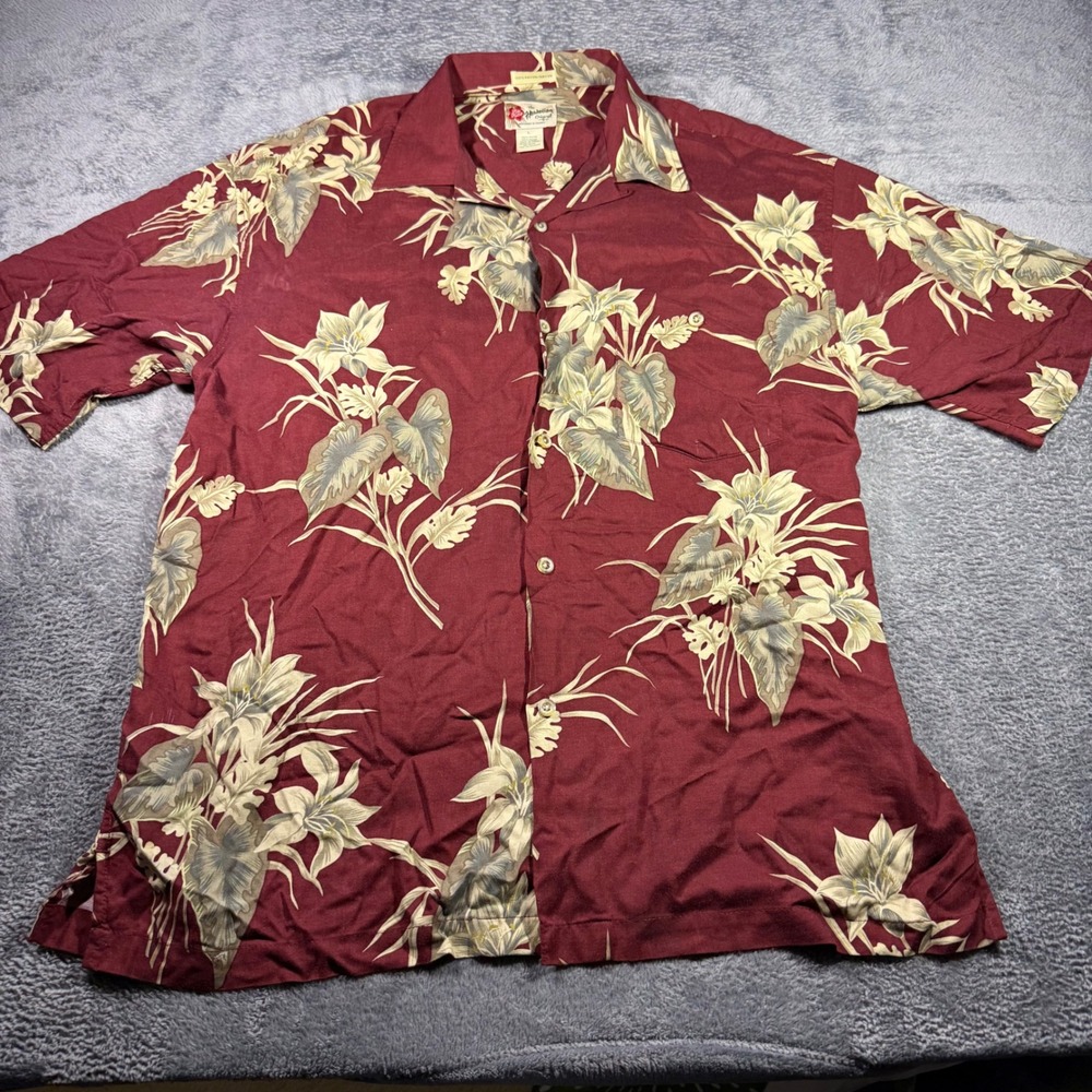 Hilo Hattie Hawaiian Shirt Mens Large Burgundy Floral Rayon Camp Aloha Button Up